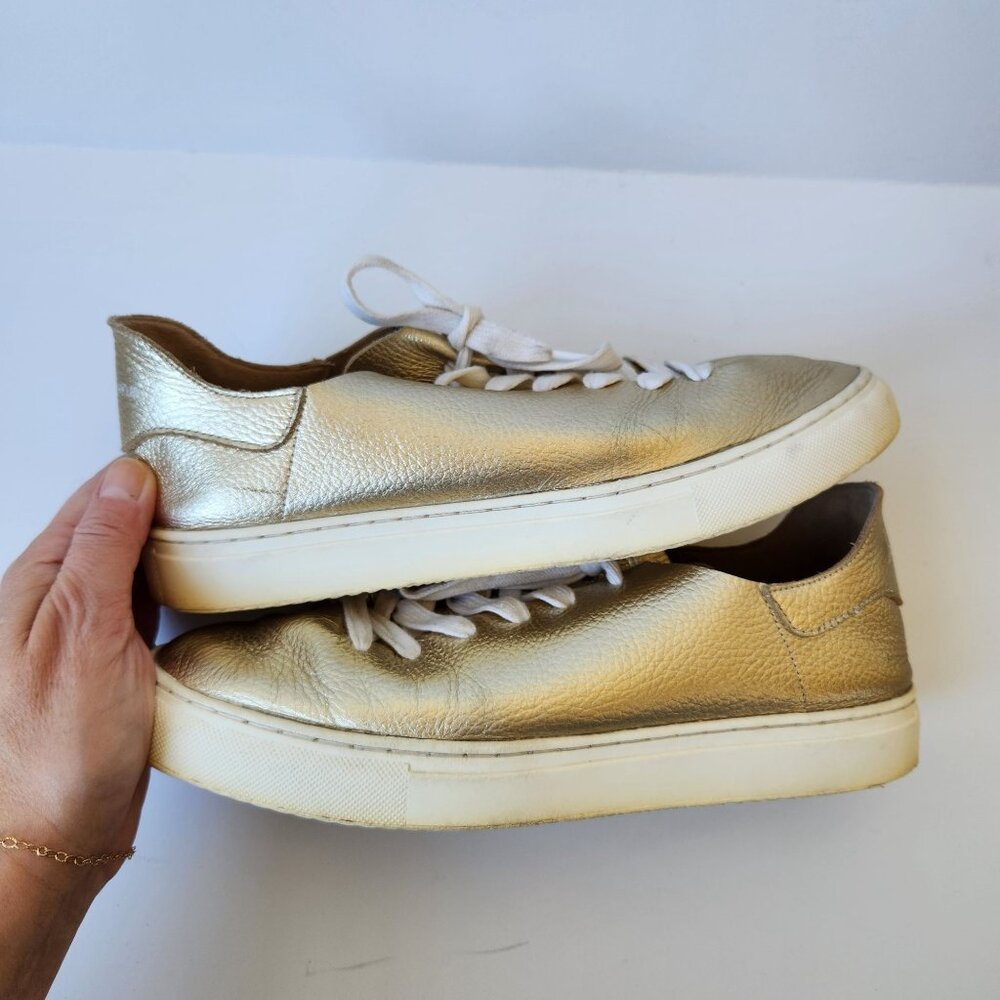 Sam Edelman Poppy Gold Leather Lace-Up Sneakers Metallic Glam Casual Showgirl - Picture 5 of 8